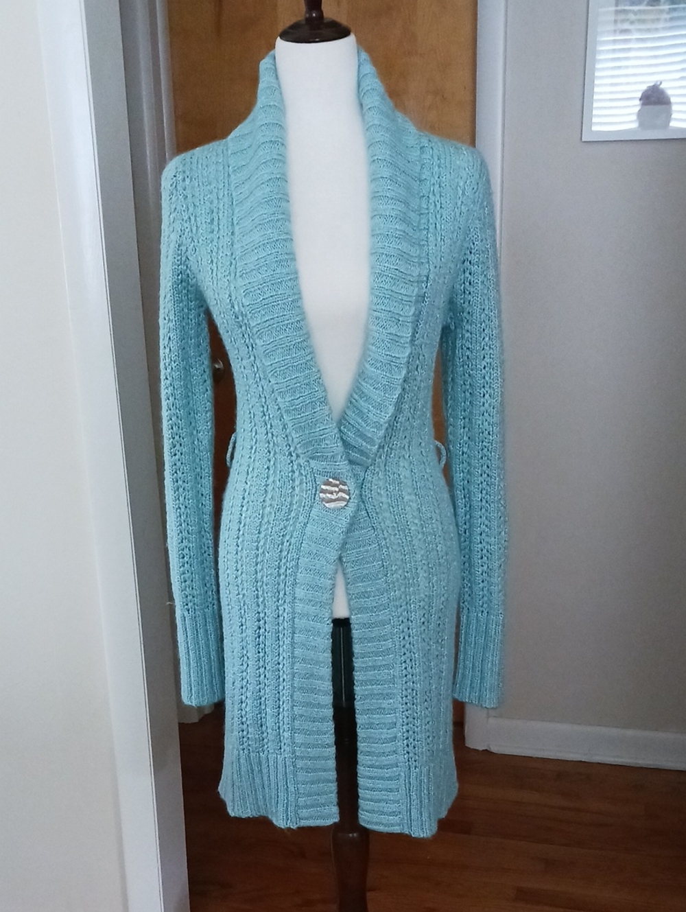 Heart Moon Star Cardigan Sweater Long Sleeve Shawl Collar Teal Silver Blue Sz S